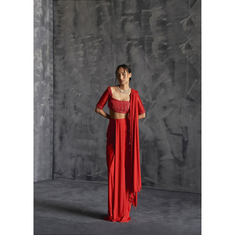 Manika Nanda Red Pleated Draped Skirt With Embellished Blouse And Dupatta (Set of 3)
