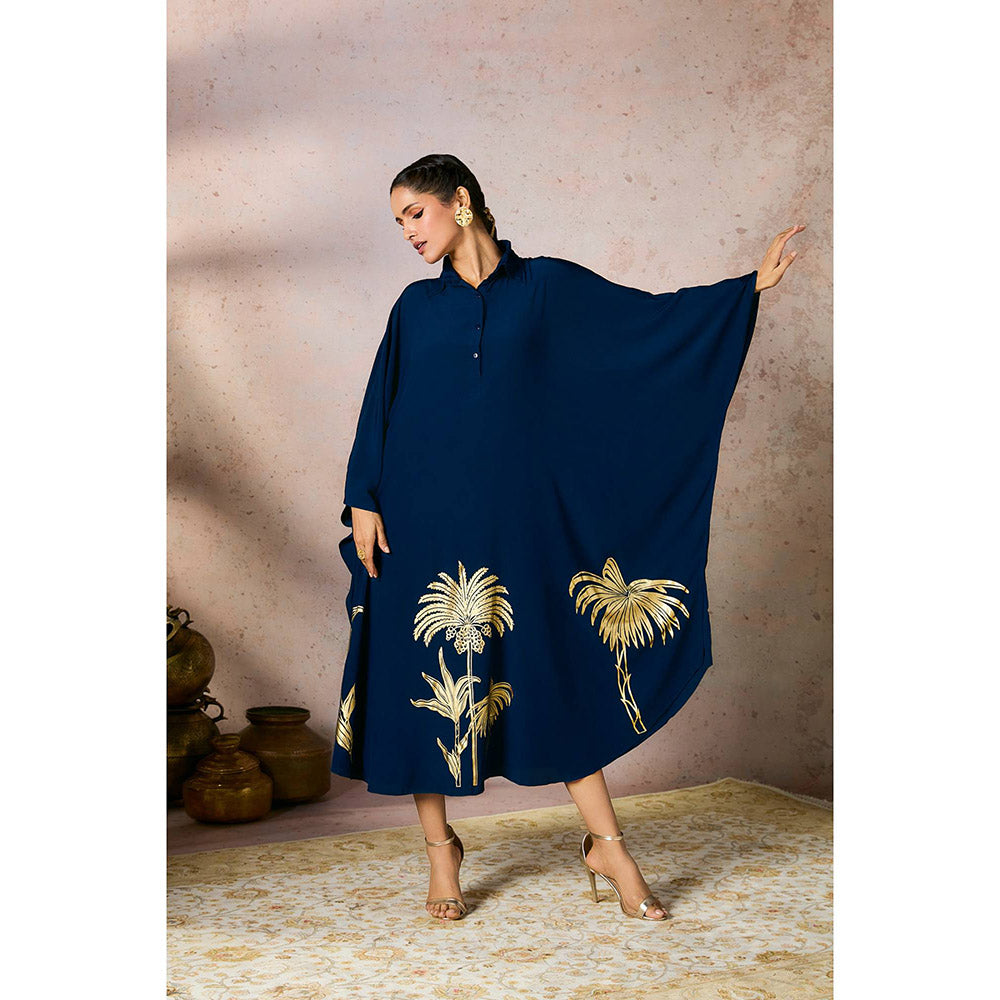 Masaba Blue Palm Foil Kaftan Dress with Slip (Set of 2)