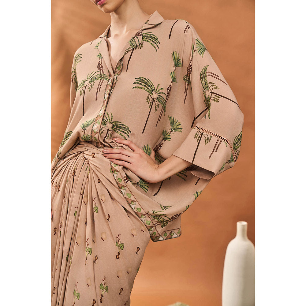 Masaba Beige Blooming Board Shirt with Skirt (Set of 2)