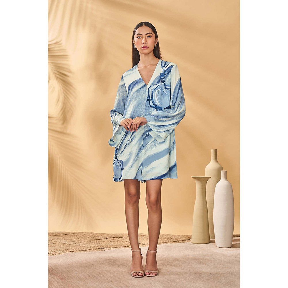 Masaba Blue Rhythmic Curves Playsuit with Belt (Set of 2)