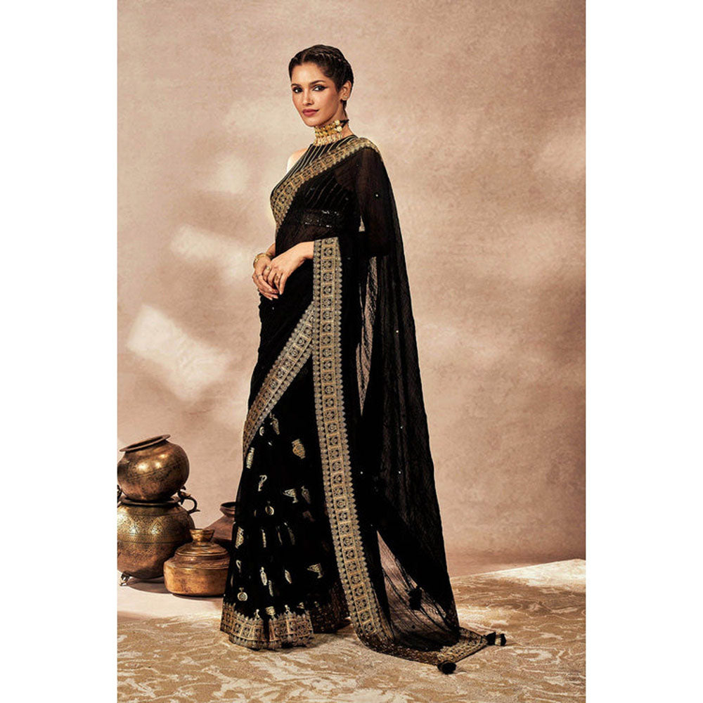 Masaba Black Potters Touch Crushed Saree with Unstitched Blouse