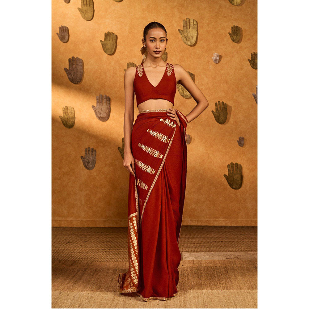 Masaba Red Fern Flame Saree with Unstitched Blouse