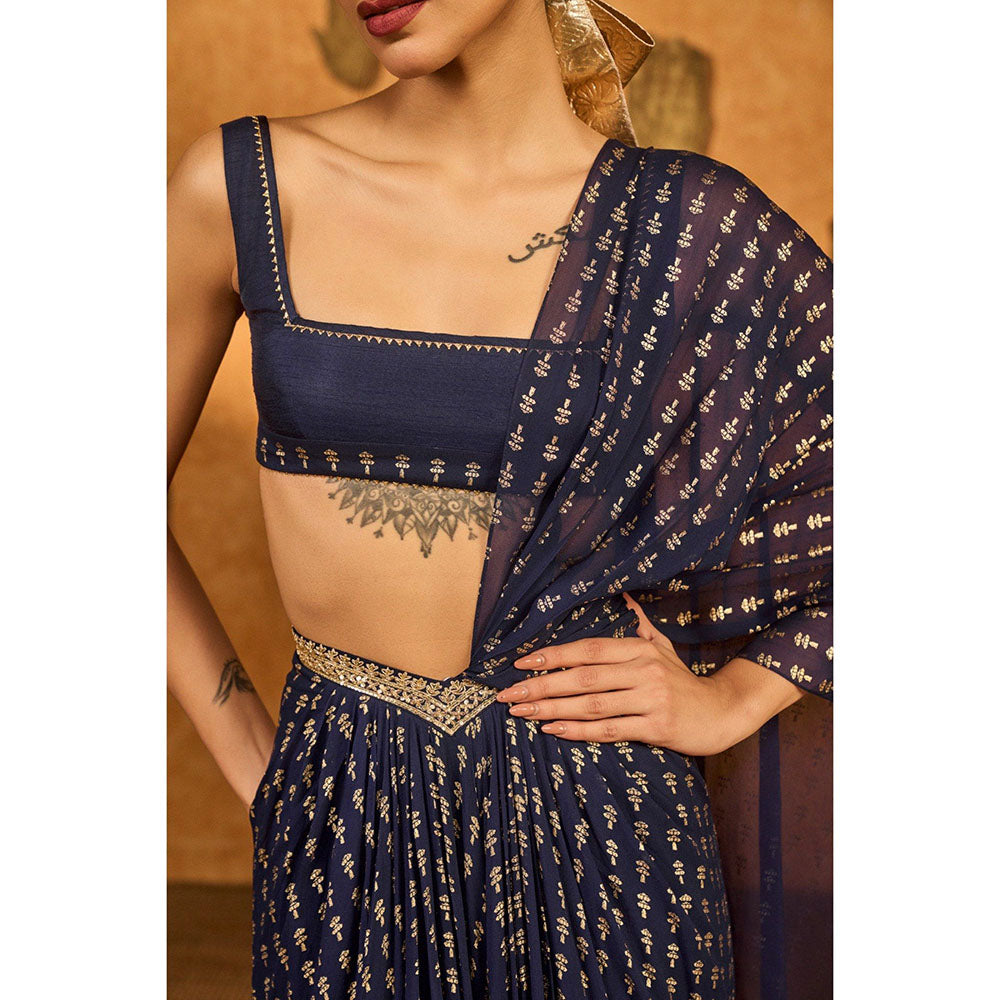 Masaba Navy Blue Snow Light Stitched Saree with Stitched Blouse