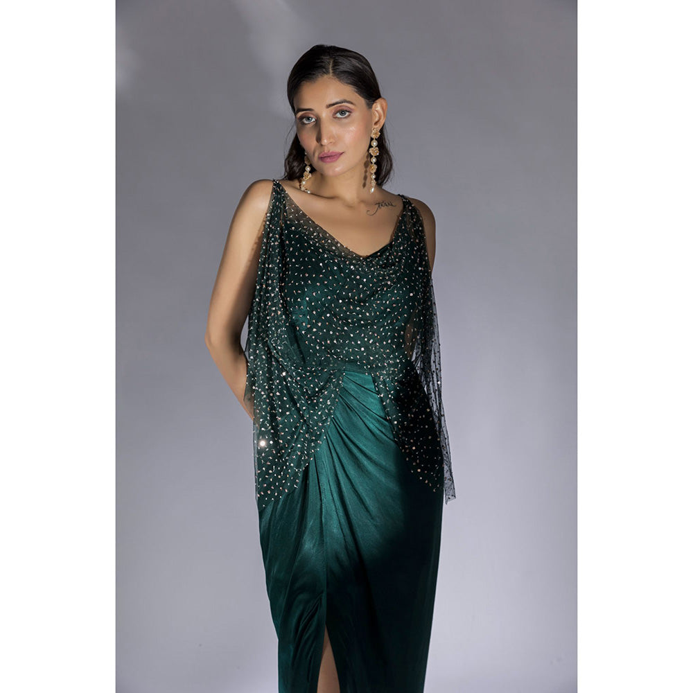 Masumi Mewawalla Bottle Green Embroidered Drape Dress