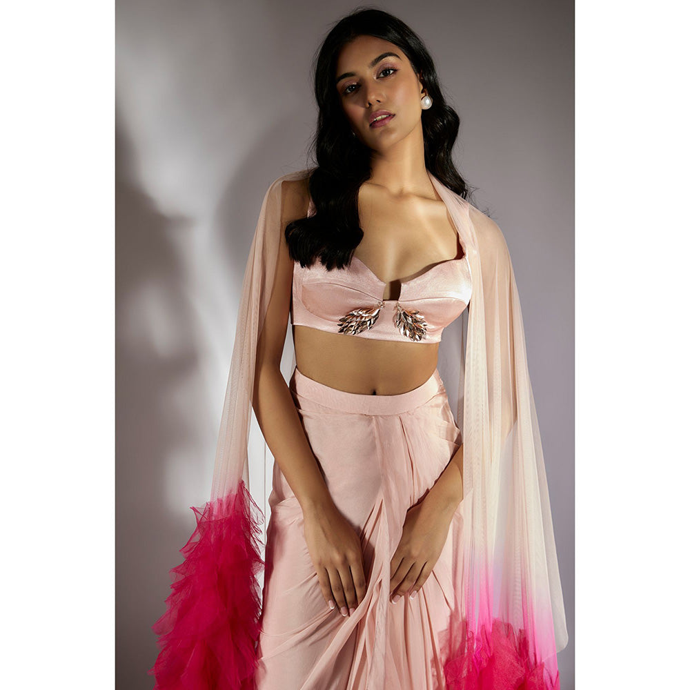 Masumi Mewawalla Peach Pink Solid Drape Skirt With Ombre Ruffle Dupatta (Set of 3)