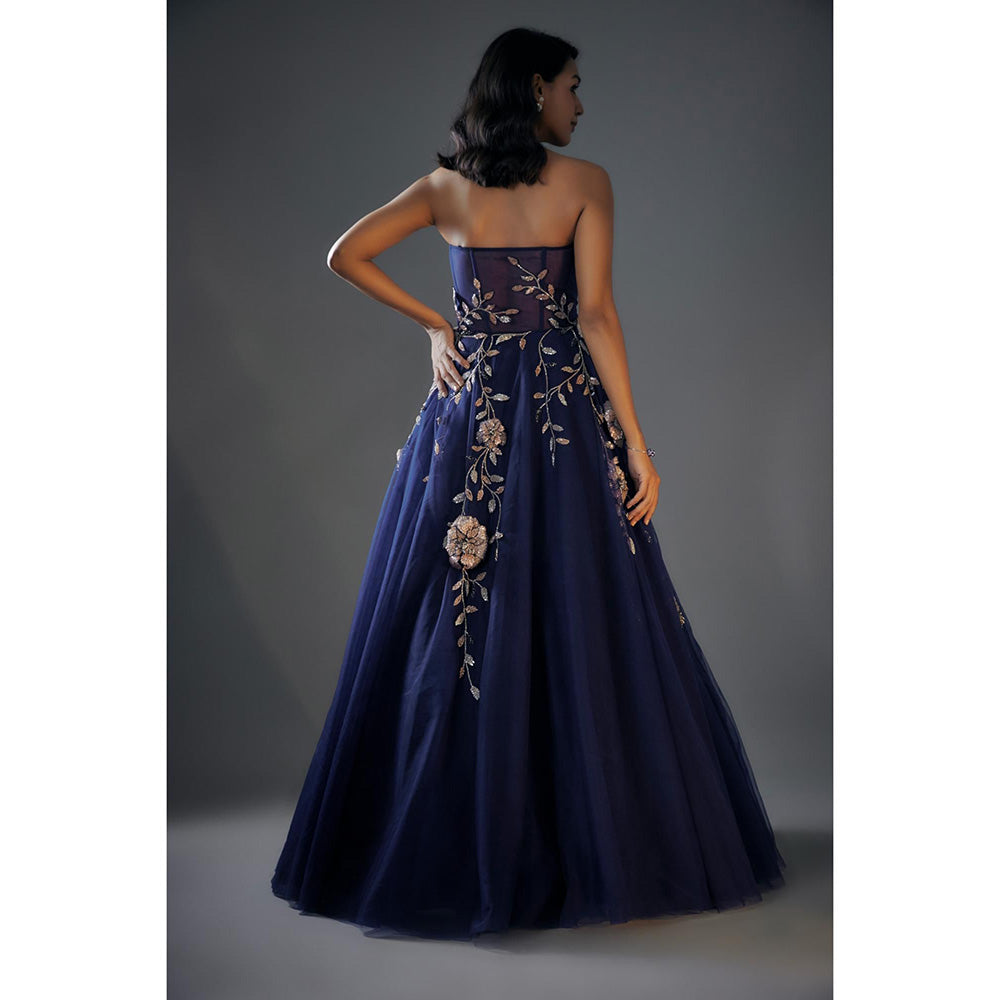 Masumi Mewawalla Navy Blue 3D Embroidered Gown