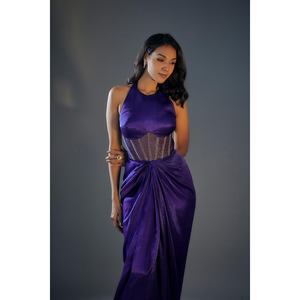 Masumi Mewawalla Blue Halter Neck Embroidered Corset Gown