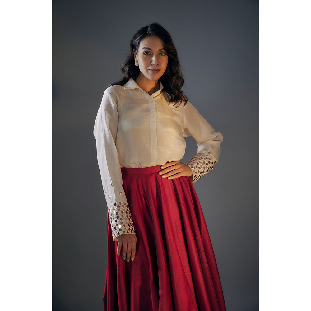 Masumi Mewawalla Beige Embroidered Shirt with Red Lehenga (Set of 2)