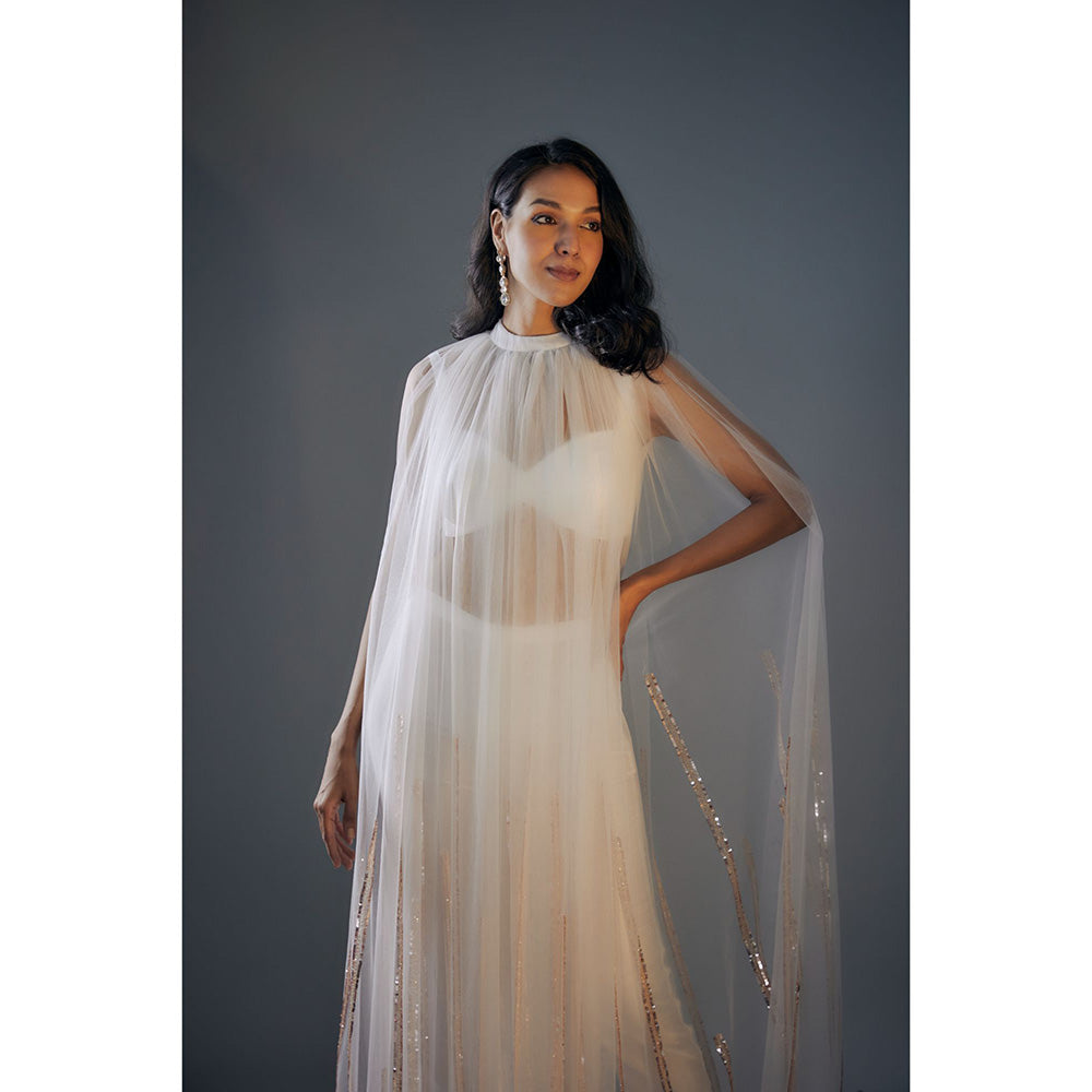 Masumi Mewawalla White Embroidered Pant and Bustier Top with Cape (Set of 3)