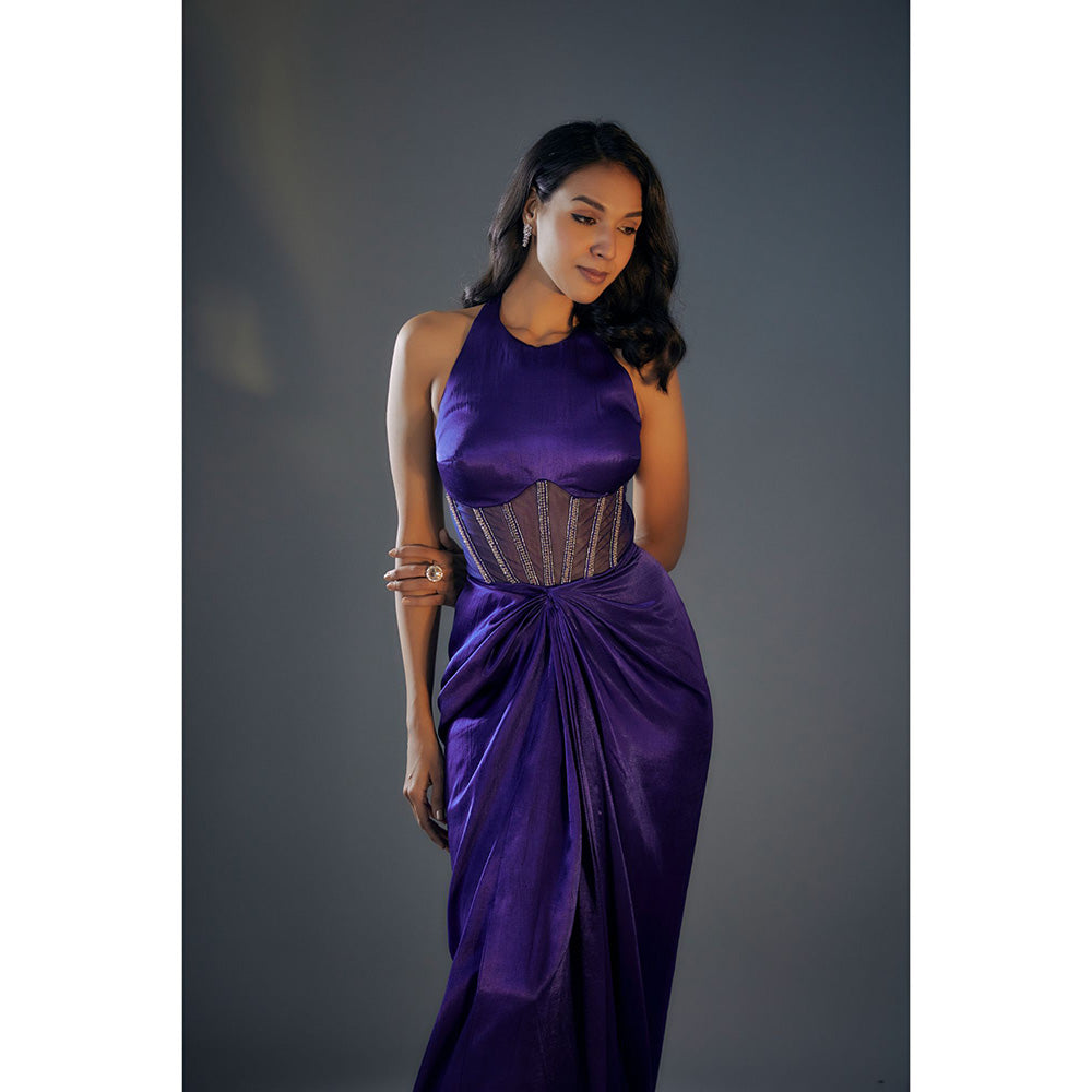 Masumi Mewawalla Blue Halter Neck Embroidered Corset Gown