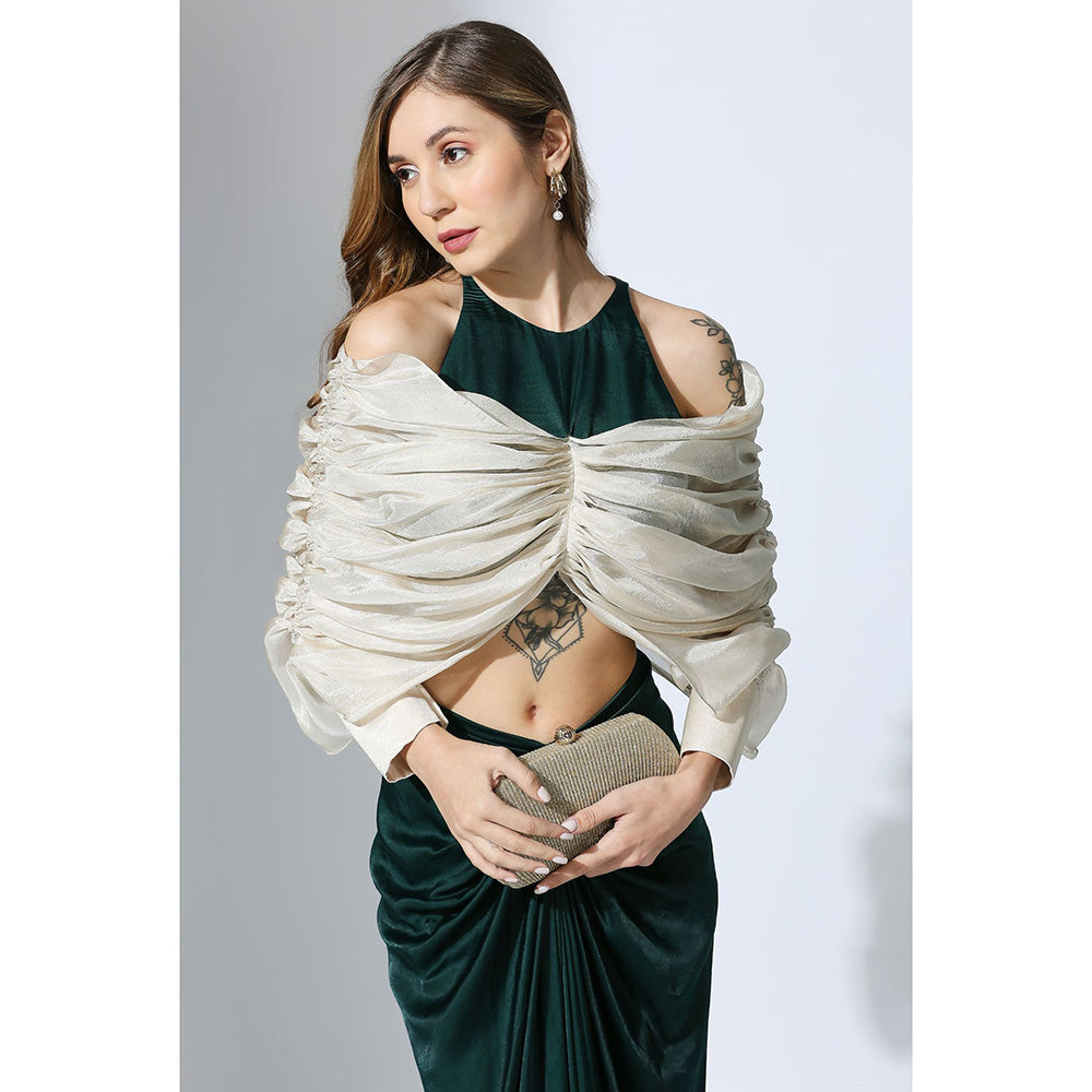 Masumi Mewawalla Bottle Green Drape Skirt with Tissue Blouse (Set of 2)