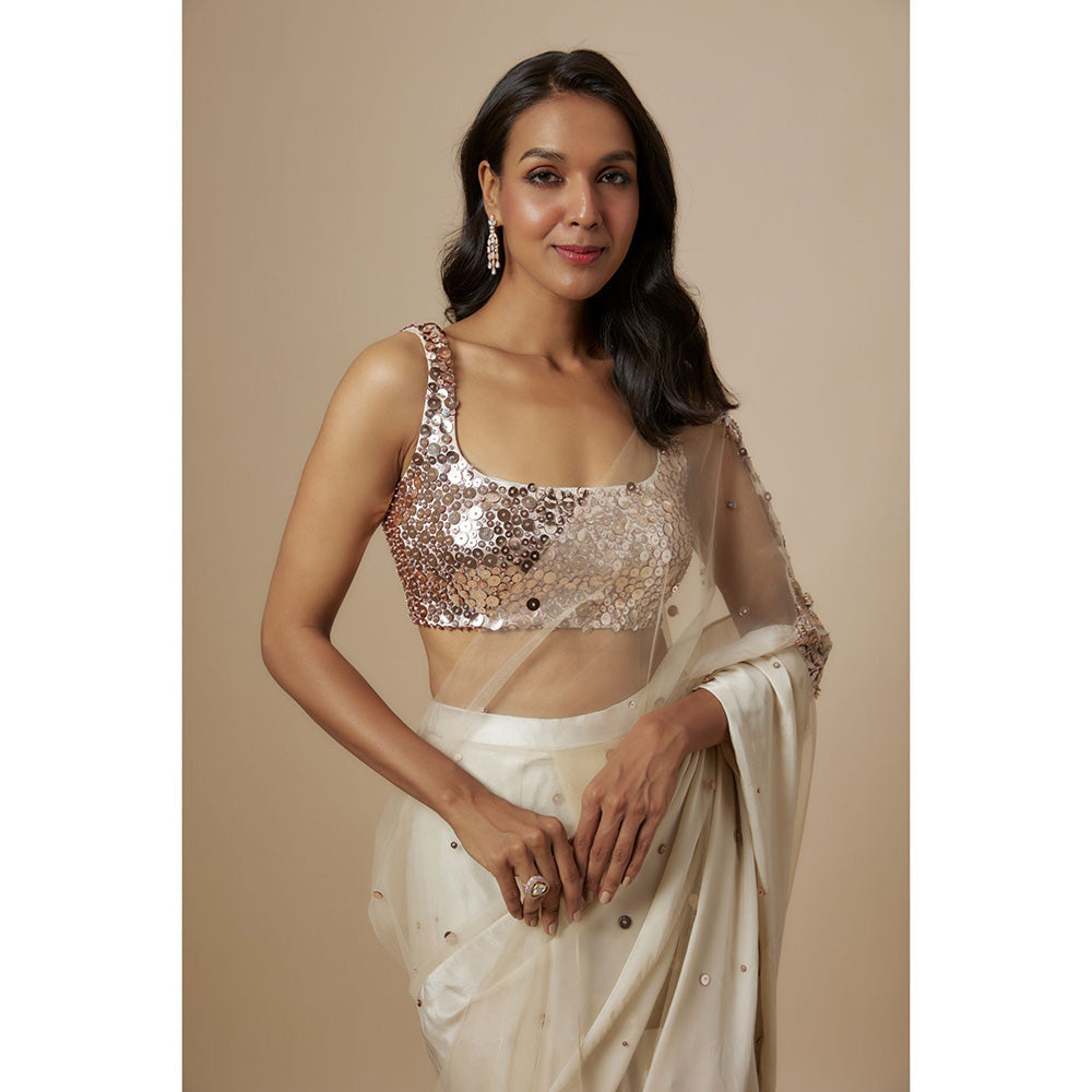Masumi Mewawalla Beige Embroidered Pre Drape Saree with Stitched Blouse