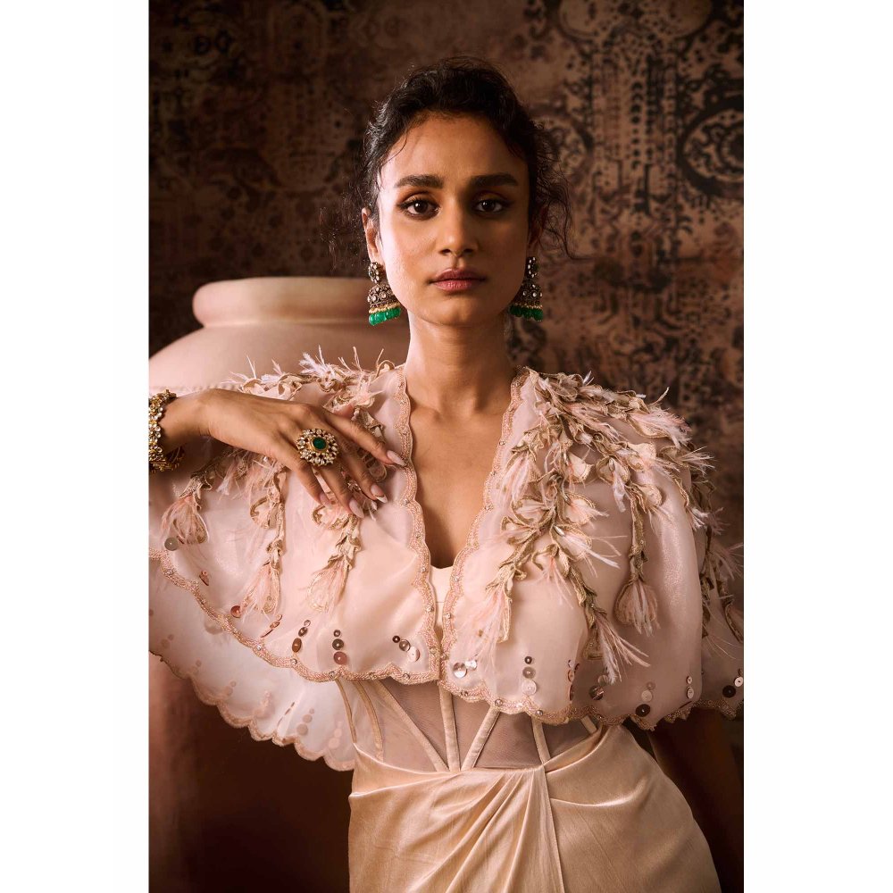 Masumi Mewawalla Peach Embroidered Evening Gown with Cape (Set of 2)