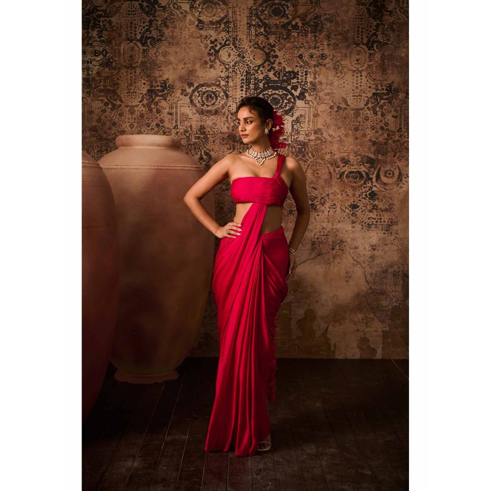 Masumi Mewawalla Hot Pink Solid Pre Drape Saree with Stitched Blouse