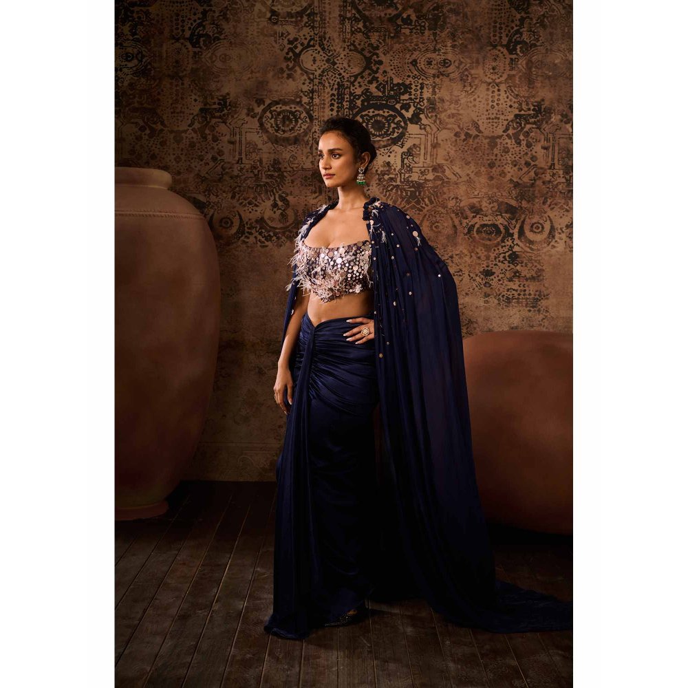 Masumi Mewawalla Navy Blue Embellished Blouse with Drape Skirt and Cape (Set of 3)