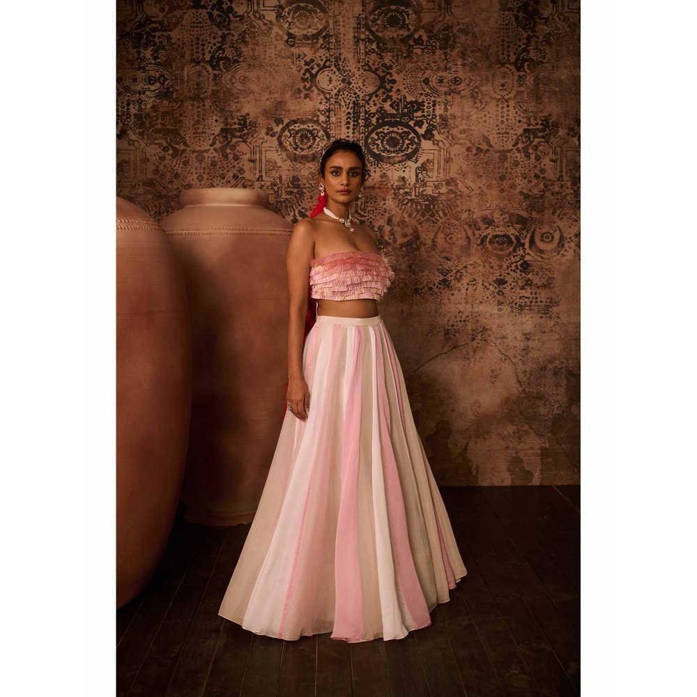Masumi Mewawalla Pink Embellished Drape Skirt with Bustier (Set of 2)