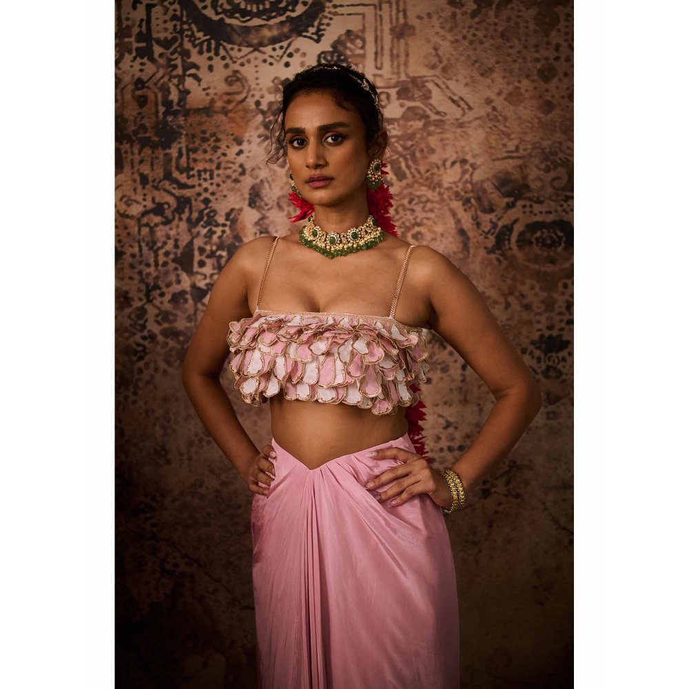 Masumi Mewawalla Pink Embellished Drape Skirt with Bustier (Set of 2)