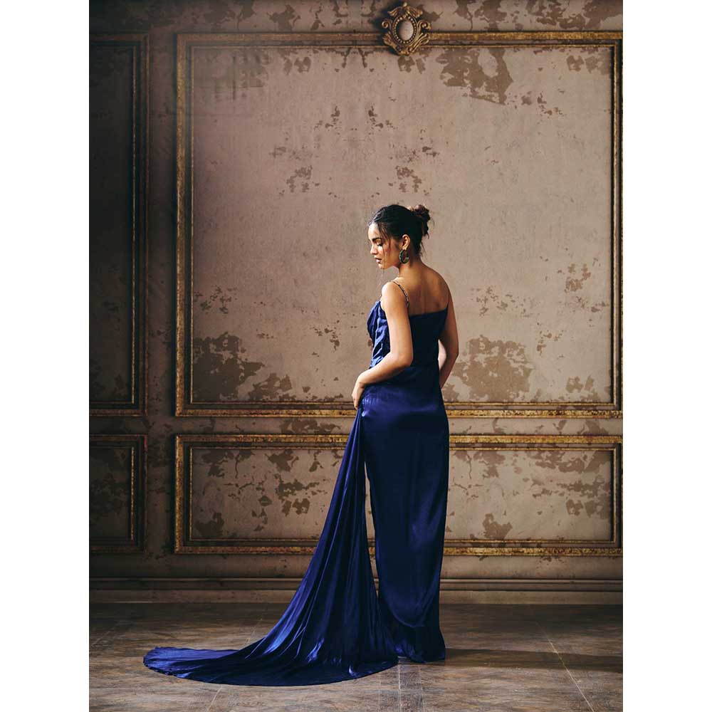 Masumi Mewawalla Navy Blue Drape Gown