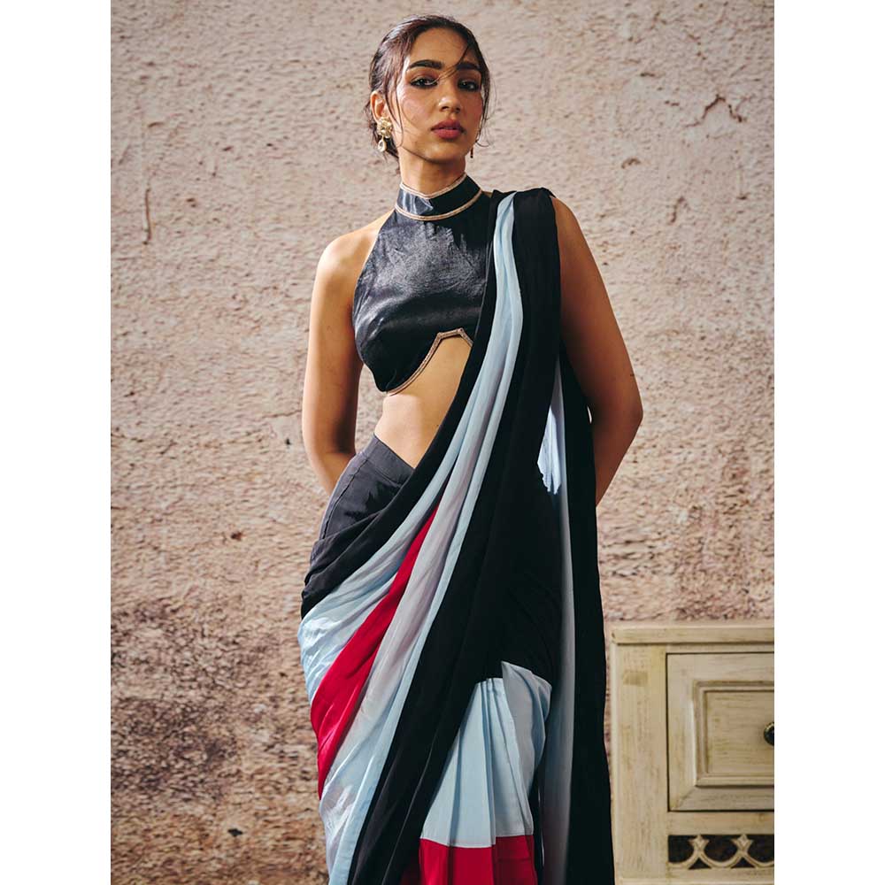 Masumi Mewawalla Multi-Colour Pre-Draped Colour Block Saree with Stitched Blouse