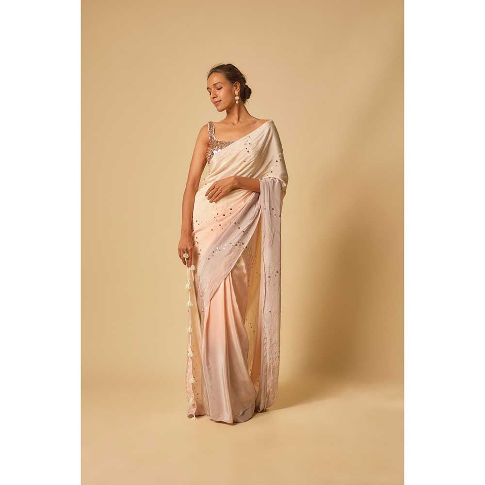 Masumi Mewawalla Beige Ombre Sequin Embroidered Pre Draped Saree and Stitched Blouse