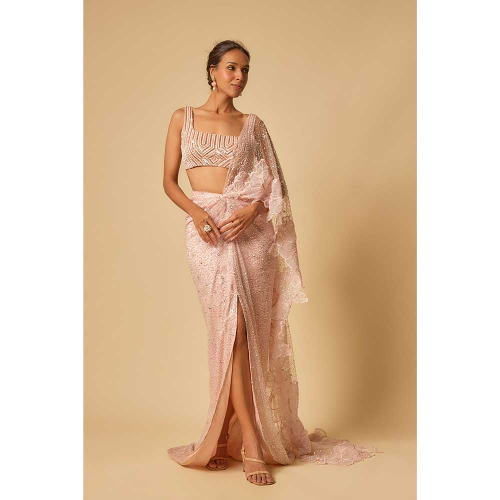 Masumi Mewawalla Pink Embroidered Pre Draped Saree and Stitched Blouse