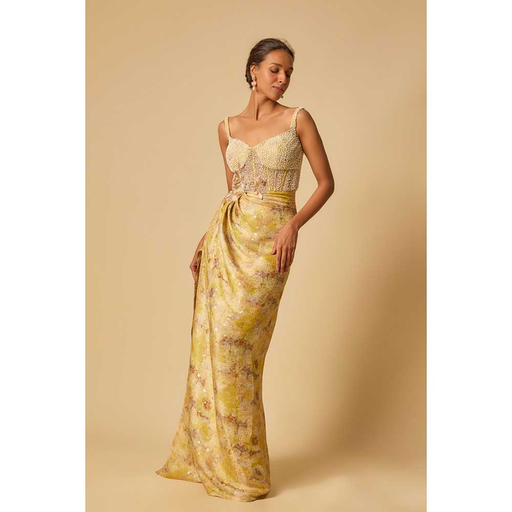 Masumi Mewawalla Yellow Brocade Embroidered Corset Drape Gown