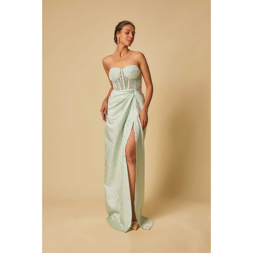 Masumi Mewawalla Mint Brocade Embroidered Corset Drape Gown with Cape (Set of 2)