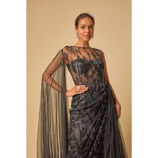 Masumi Mewawalla Black Embroidered Drape Gown