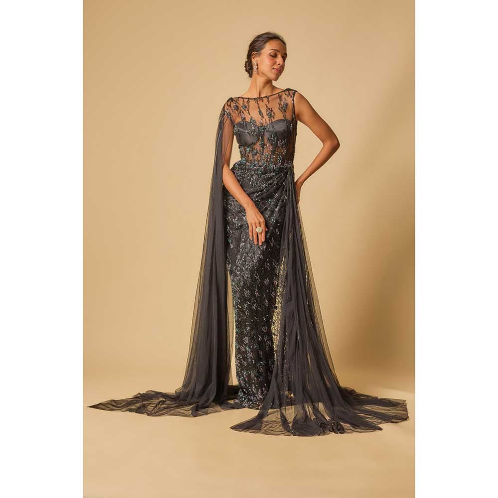 Masumi Mewawalla Black Embroidered Drape Gown
