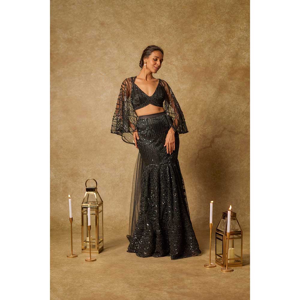 Masumi Mewawalla Black Embroidered Mermaid Skirt with Stitched Blouse and Cape (Set of 3)