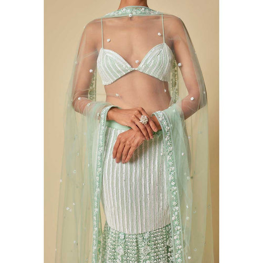 Masumi Mewawalla Mint Embroidered Mermaid Lehenga with Stitched Blouse and Dupatta (Set of 3)