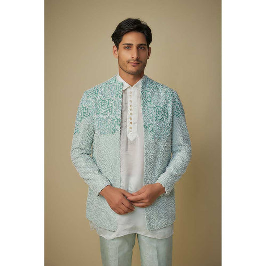 Masumi Mewawalla Mint Blue Embroidered Jacket with Kurta and Pant (Set of 3)