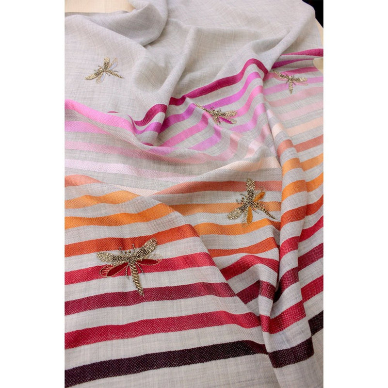 MAULI CASHMERE Golden Wings Embroidered Fine Wool Silk Stripe