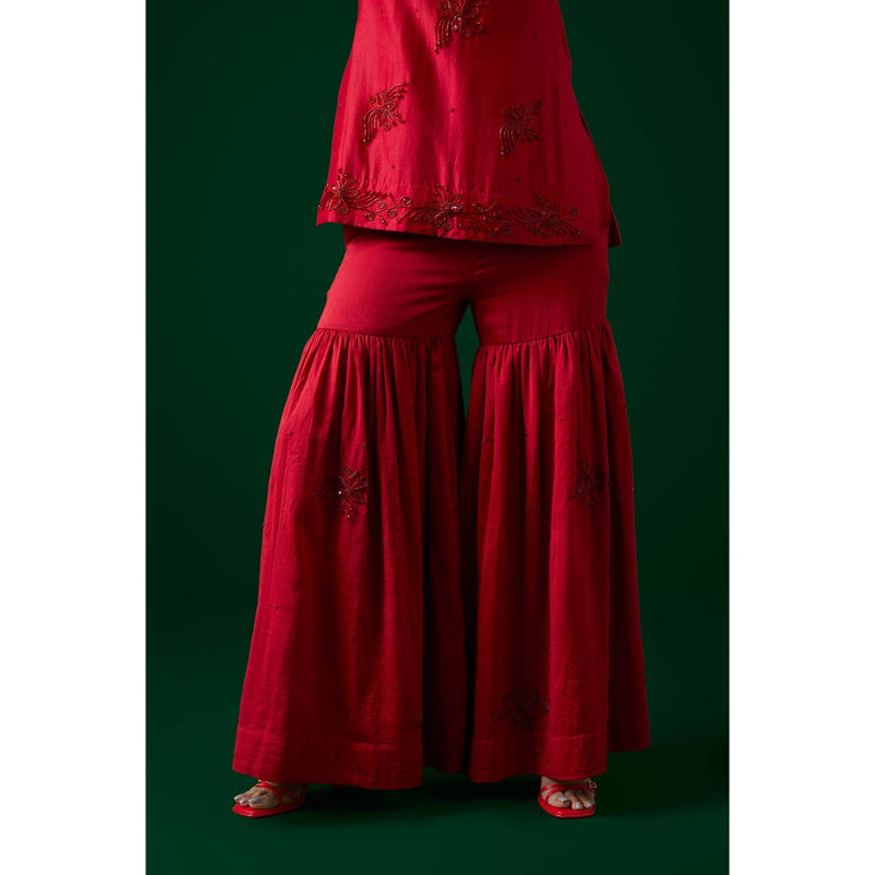 MEESA Red Hand Embroidered Chanderi Silk Kurta with Sharara with Organza Dupatta (Set of 3)