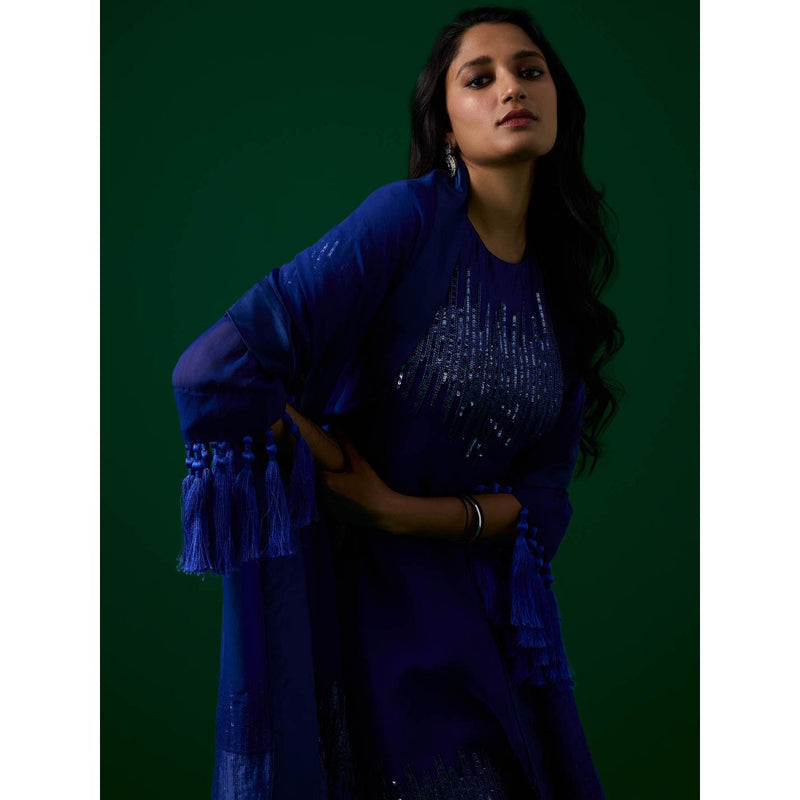 MEESA Navy Blue Hand Embellished Chanderi Silk Kurta with Palazzo with Dupatta (Set of 3)