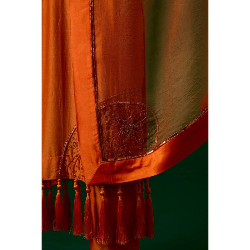 MEESA Orange Hand Embellished Chanderi Silk Kurta with Pant with Organza Dupatta (Set of 3)