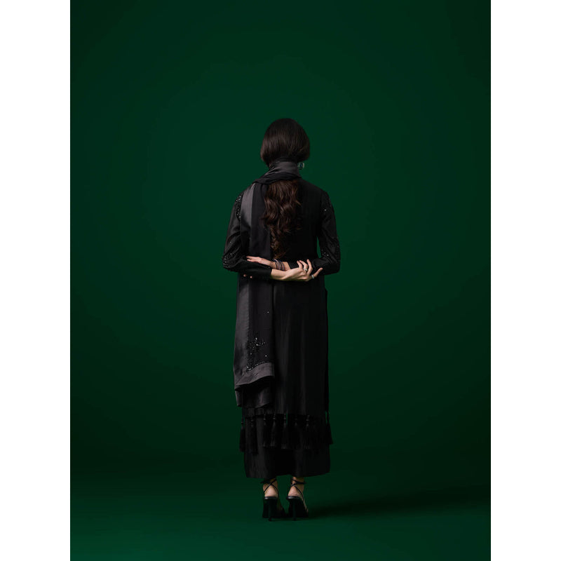 MEESA Black Hand Embroidered Chanderi Silk Kurta with Pant with Organza Dupatta (Set of 3)