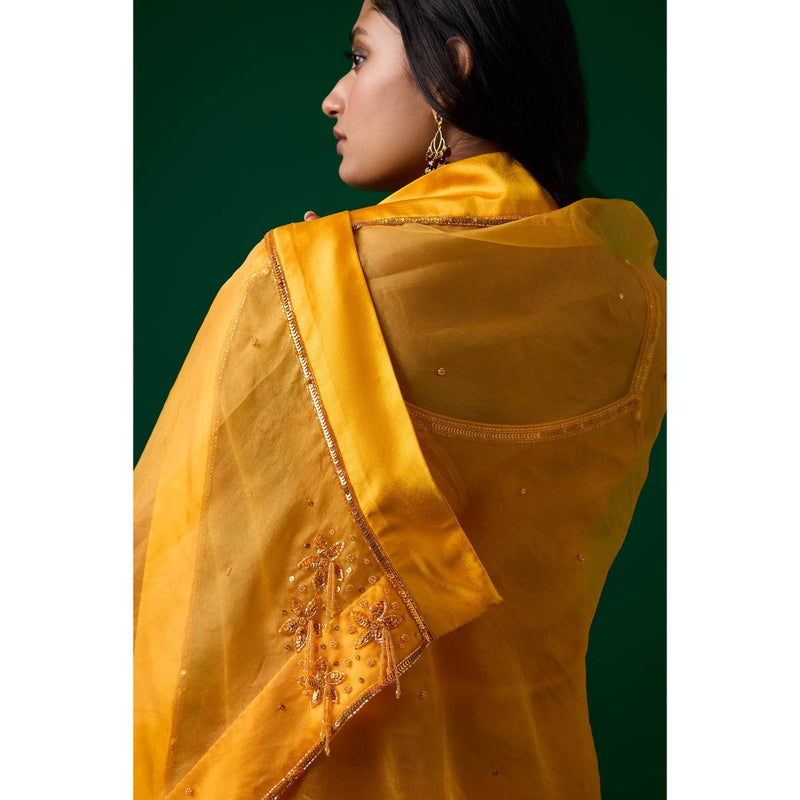 MEESA Yellow Hand Embroidered Chanderi Silk Kurta with Sharara with Organza Dupatta (Set of 3)