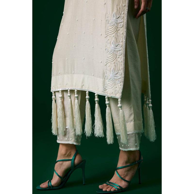 MEESA White Hand Embellished Chanderi Silk Kurta with Pant with Organza Dupatta (Set of 3)