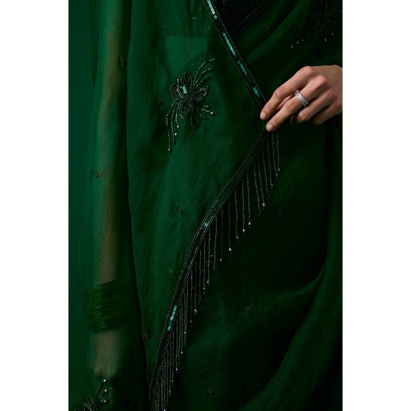 MEESA Green Hand Embellished Organza Saree with Stitched Blouse