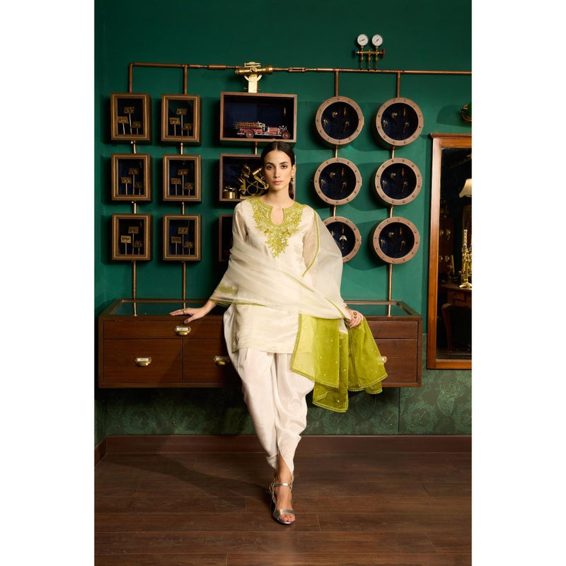 MEESA Beige Embroidered Chanderi Silk Kurta With Dhoti and Organza Dupatta (Set of 3)