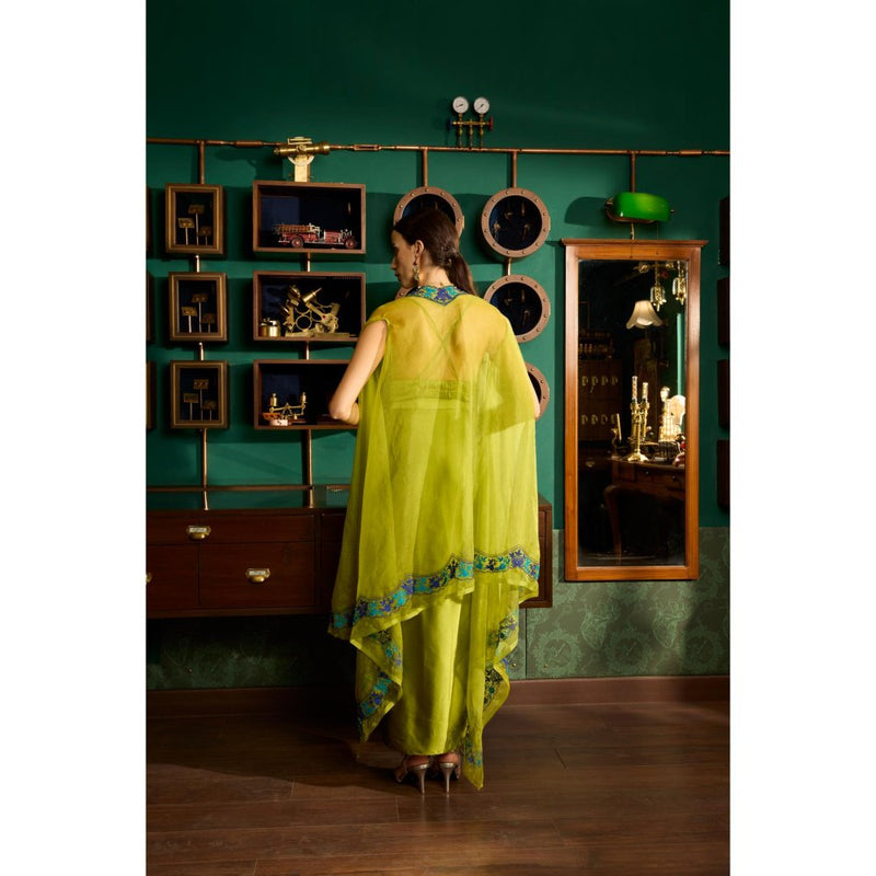 MEESA Green Embroidered Satin Organza Cape with Bustier and Skirt (Set of 3)