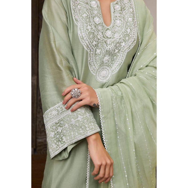 MEESA Green Embroidered Chanderi Silk Kurta with Palazzo and Dupatta (Set of 3)