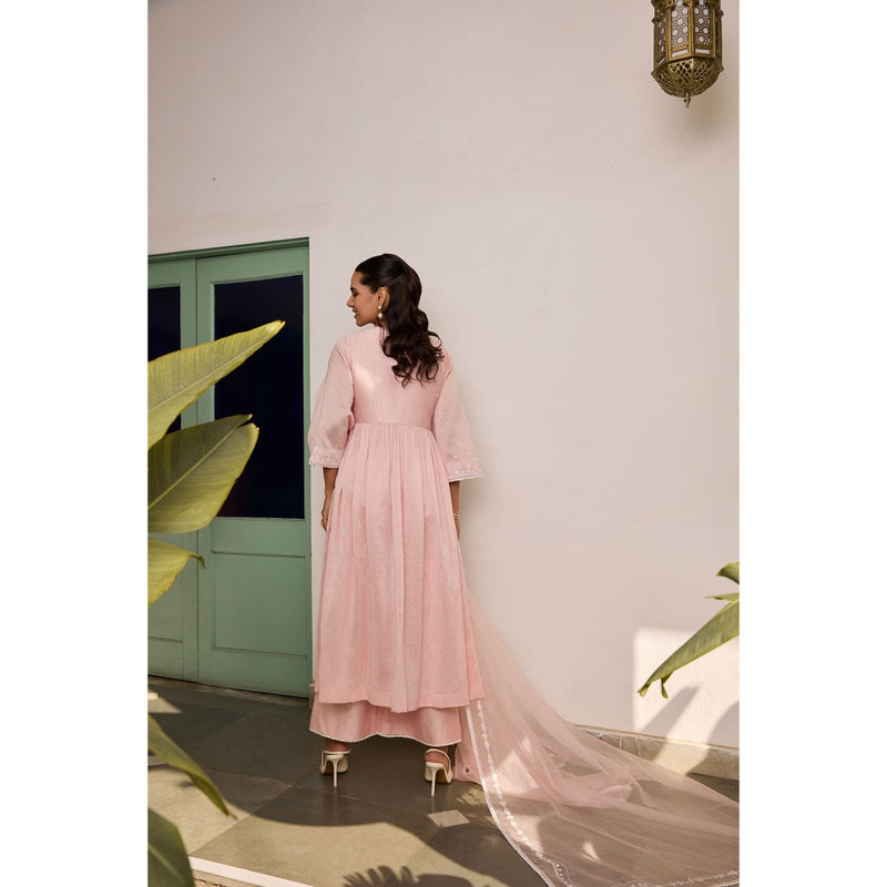 MEESA Pink Embroidered Organza Kurta with Palazzo and Dupatta (Set of 3)