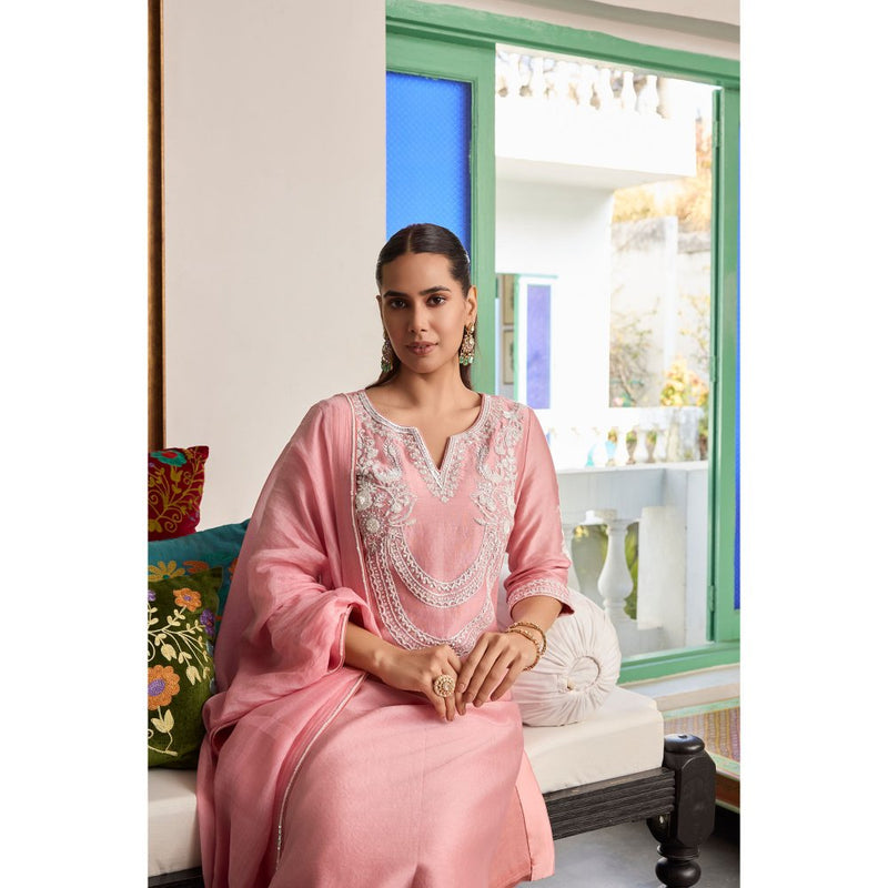 MEESA Pink Embroidered Chanderi Silk Kurta with Pant and Dupatta (Set of 3)