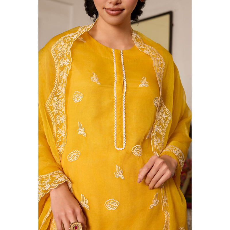 MEESA Yellow Embroidered Organza Kurta with Palazzo and Dupatta (Set of 3)