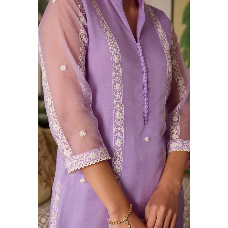 MEESA Lavender Embroidered Organza Kurta and Pant with Dupatta (Set of 3)