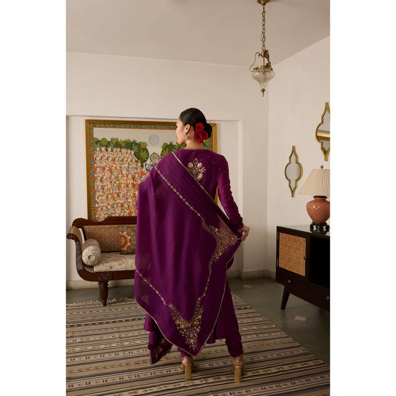 MEESA Purple Embroidered Chanderi Silk Angarkha with Churidar and Dupatta (Set of 3)