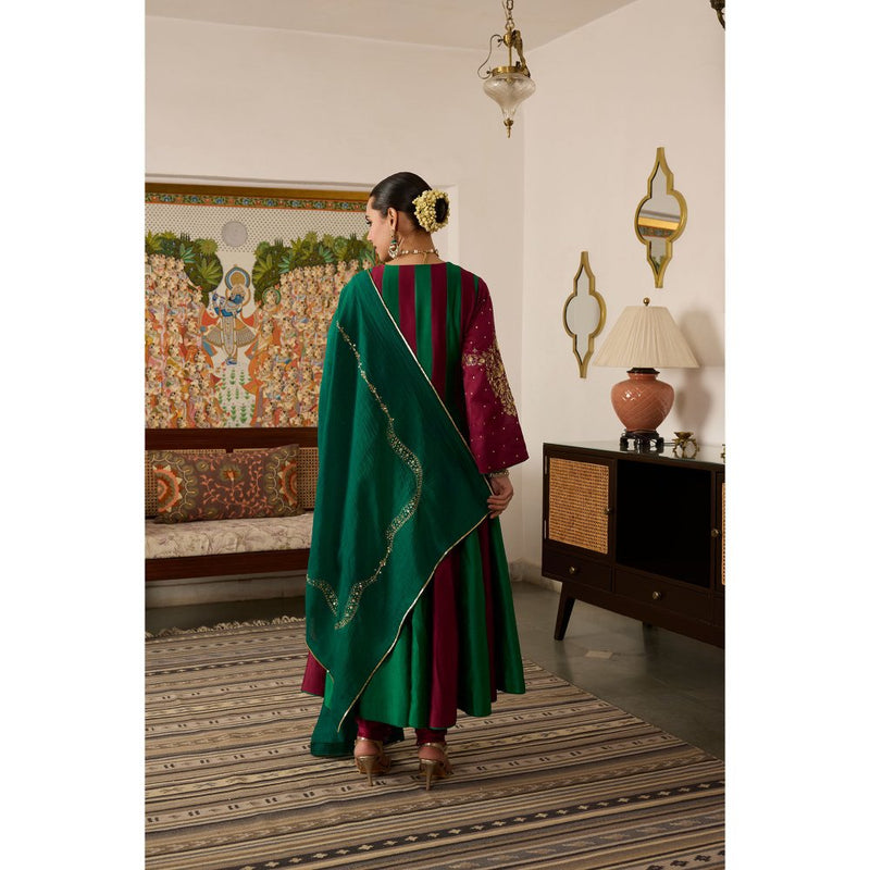 MEESA Embroidered Chanderi Silk Anarkali with Churidar and Dupatta (Set of 3)