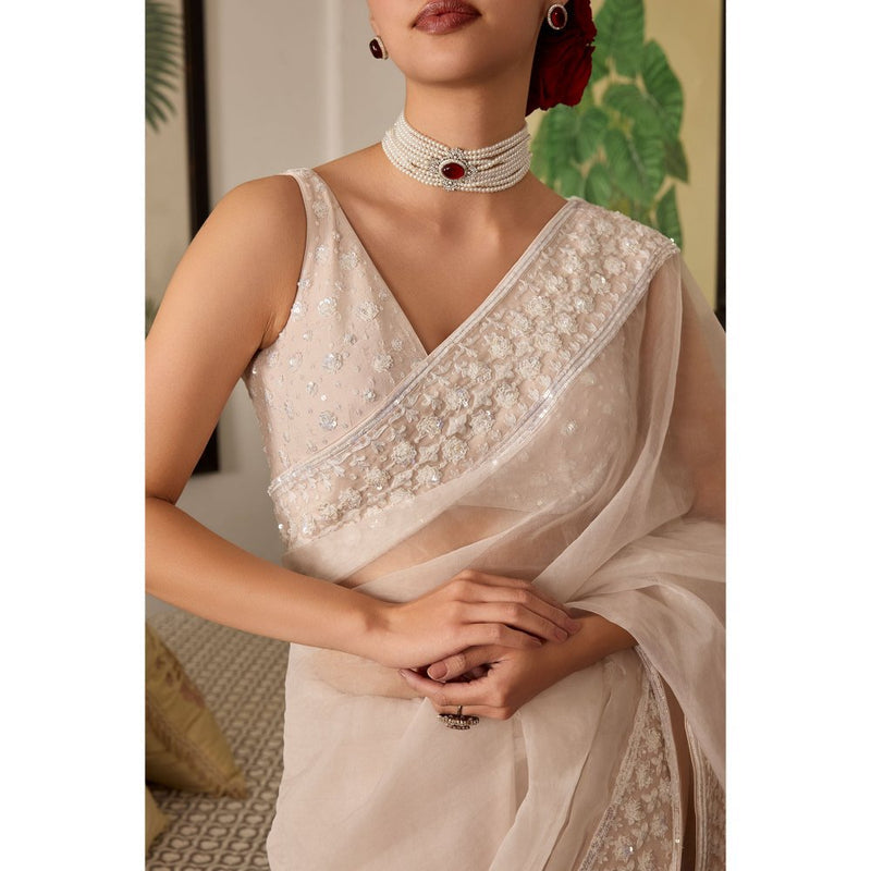 MEESA Rose Pink Embroidered Organza Saree with Stitched Blouse
